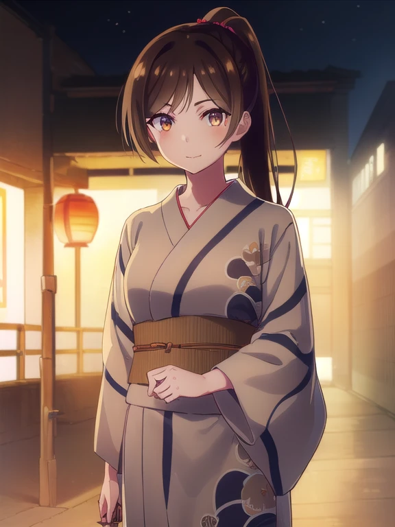 mizuharachizuru, Chizuru Ichinose, solo woman,Long Hair, bangs, Brown Hair, (Brown eyes:1.5), One side up, smile,(ponytail, yukata, Festivals),shrine, outdoors, crowd, people々,looking at viewer, (Cowboy Shot:1.5),(masterpiece:1.2), Best Quality, High resol...