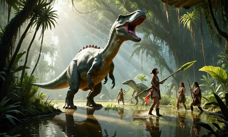 Long necked dinosaurs eat plants out of swampy water, cute yuna leads a primitive tribe of hunter lesbians (spears, dinosaur hide tunics, hide boots), dawn primal swamp
