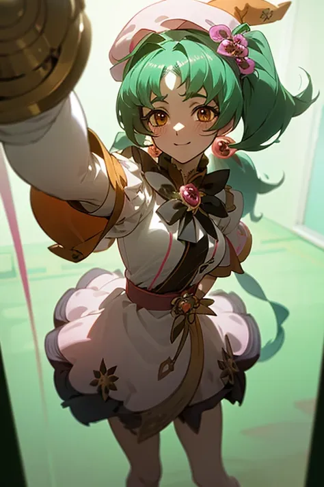 {best quality:1.5}, {very aesthetic:1.5},(beautiful :1.3),volumetric Lighting,looking at viewer,contrapposto,lan faniel, anime screencap, 1 girl, Green solo, green hair, pink dress, hat, ball hair accessories, Long hair, twintail, hair ornament, Dress,  or...