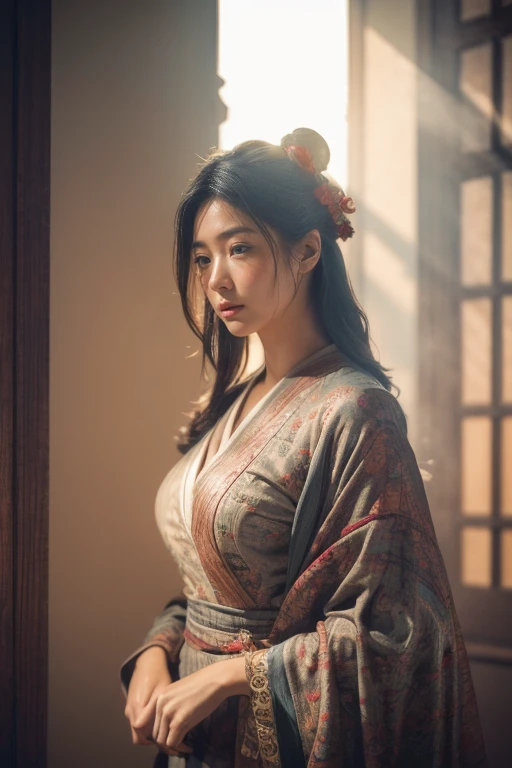 (dark shot:1.4), 80mm, (dark shot:1.4), masterpiece, best quality, game_cg, in summer, girl, solo, medium hair, white hair, looking at viewer, brown eyes, gigantic breasts nearly exposed, 80mm, epic realistic, painting of a geisha with european features en...