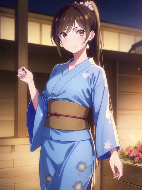 mizuharachizuru, Chizuru Ichinose, solo woman,Long Hair, bangs, Brown Hair, (Brown eyes:1.5), One side up, smile,(ponytail, Blue yukata with floral pattern, Festivals),shrine, outdoors, crowd, people々,looking at viewer, (Cowboy Shot:1.5),(masterpiece:1.2),...