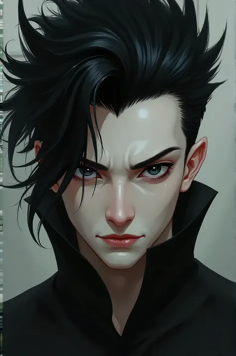 Male character, light skin, black pointed hair, full to the eye and black eye 