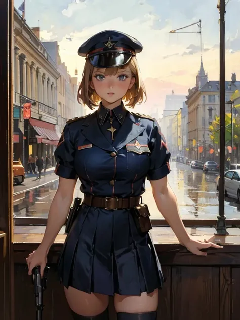 masterpiece, best quality, highres 
solo, 1girl, cowboy shot, :o
p38 (girls frontline), p38original, brown hair, purple eyes, (garrison cap:1.2), military uniform, short sleeves, pleated skirt, belt pouch, iron cross medal, thighhighs, holding gun, handgun...