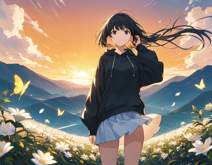 Anime Style,Woman grabbing her hair,Standing on the summit,White flowers bloom,Black Hair,Short Bob,Blowing in the Wind,Black Eyes,Shining Eyes,Shining Eyesのハイライト 白いシャツ,Wear a black hoodie,Wearing a white skirt, With a stern look,Disgust,A moment of youth,...