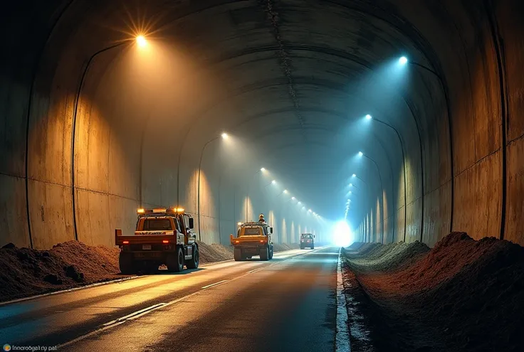 Civil Engineering Works Temporary lighting installed in a highway tunnel construction project