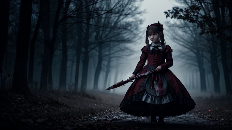 A petite girl wearing a red gothic lolita dress, holding a bloody knife, with her clothes covered in blood, full body view, hyper detailed, highly realistic, cinematic lighting, dark fantasy, dramatic composition, eerie atmosphere, muted color palette