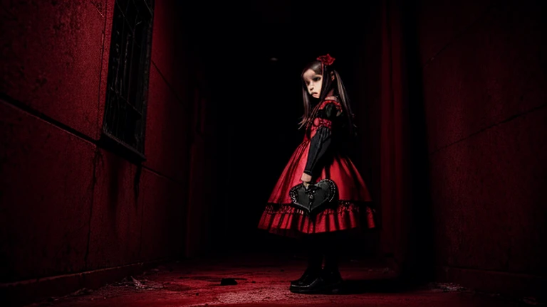 A petite girl wearing a red gothic lolita dress, holding a bloody knife, with her clothes covered in blood, full body view, hyper detailed, highly realistic, cinematic lighting, dark fantasy, dramatic composition, eerie atmosphere, muted color palette