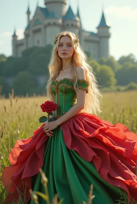 beautiful woman, blonde, blue eyes, Princess, with dress, the top is green and the bottom is red in the shape of an inverted rose, skirt with large petals, holding a rose, setting in an open field and a castle in the background