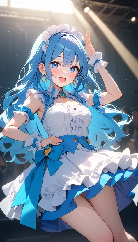 (8k, RAW Photos, 最high quality, masterpiece:1.2), high qualityのRAWカラー写真, Professional photo shoot, Cinematic Light, Alone, (((1 girl))), Blue Hair, Long Hair, Wavy Hair, blue eyes, jewelry, Earrings, Idol Costumes, Cute frills, Pastel Blue, Beautiful thigh...