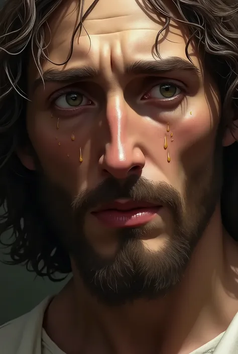 Jesus crying with tears in his eyes falling down his face and with a sad face 