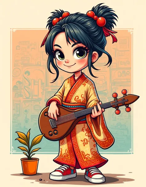 classical charm，modern interest，a q version girl of a tang dynasty lady，cartoon style，dignified，beautiful tang dynasty clothing，...