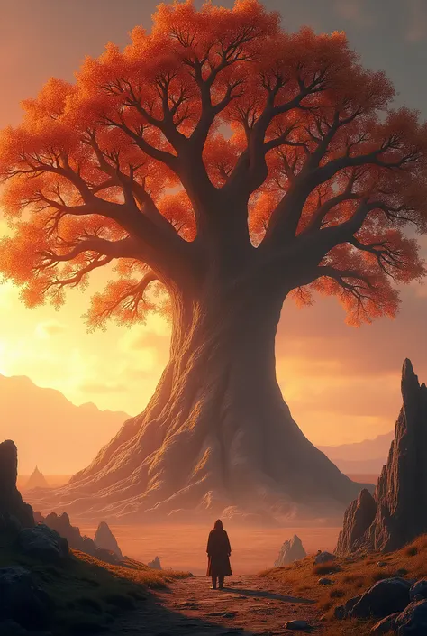 yggdrasil tree realistic in shades of heated colors, observed by far distance