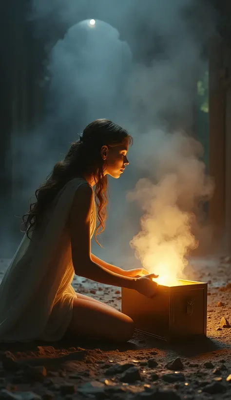 Pandora, now kneeling in front of the box, watches in awe as a small, golden light emerges from the open lid. The dark smoke around her begins to recede, and the gentle glow of hope fills the air with warmth and peace