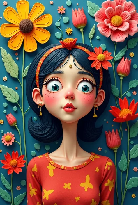 (estilo de Oskar Kokoschka:1.2),(Arte expressionista abstrata:1.2)3D girl cartoon, Rita Lee ,flowers background