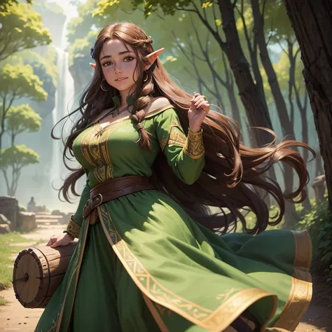 A beautiful village woman with a gentle smile, ((best quality))) (((HD))) (((8k))) (character) 20-year-old woman, ((adventurous)) elf, ((beautiful)), ((brown hair)) and ((very long hair)), voluptuous fit body, large breasts, thick thighs, earrings, jewelry...