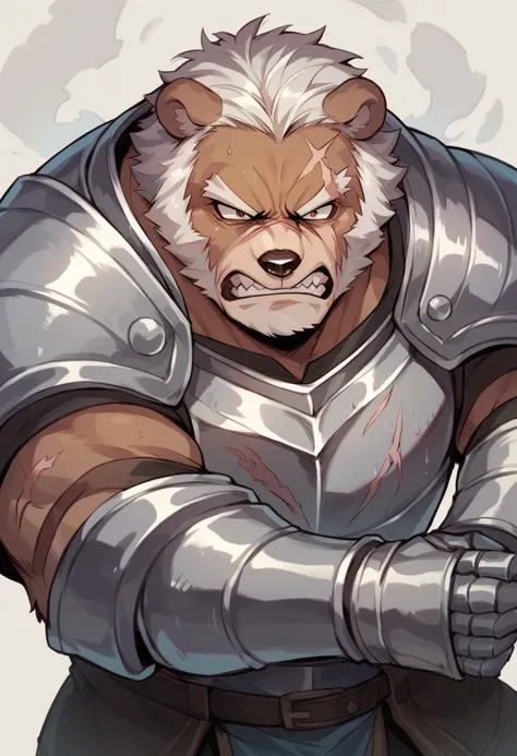 Humanoid creature, bear head, silver armor, scar on the eyes, angry face