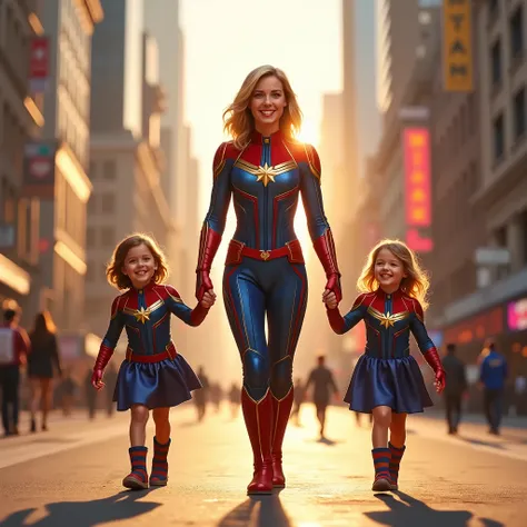 Create an image of a triplet walking hand in hand with Captain Marvel 