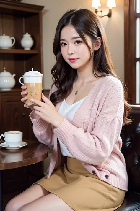 ((Best Quality)), ((masterpiece)), (detailed), Young woman, soft romantic long curls, pink-toned makeup, light blush, cardigan and flare skirt, sipping coffee in a cozy café, warm and relaxed atmosphere