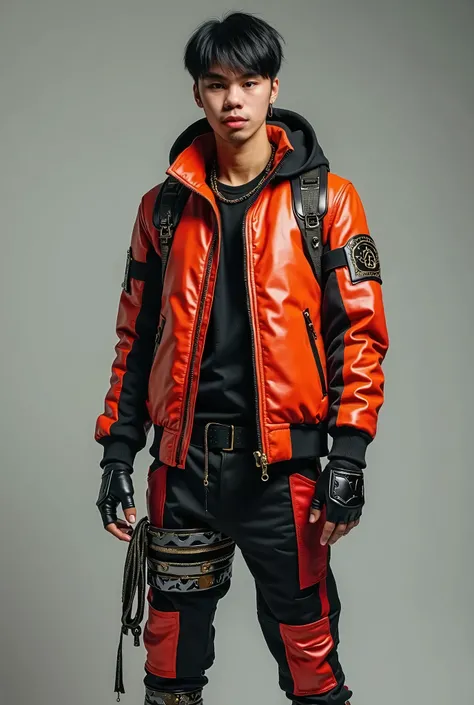 Photo realistic full body shot of Asian male, short bobbed black hair, wearing cool hiphop costume, , metal, posing cool, red, black, orange tones. simple background