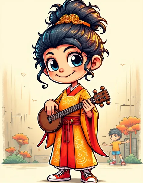 classical charm，modern interest，a q version girl of a tang dynasty lady，cartoon style，dignified，beautiful tang dynasty clothing，...