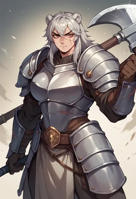 Woman, bear head, silver armor, scar on the left eye, holding an axe