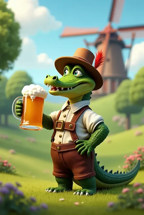 3D cartoon of an alligator dressed in typical German clothing drinking beer in a park with a windmill in the background