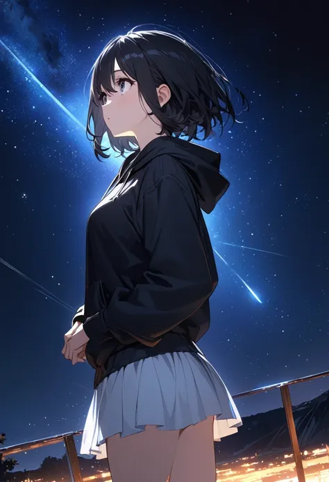 One girl, solo black hair,Looking up at the night sky,Look Up、From the side、,Black hoodie, White Skirt, Black Eyes, Short Hair, High resolution, (Cowboy Shot:1.2),Great graphics、( illustration: 0. 8),(beautiful detailed eyes: 1.6),masterpiece、Best Quality、...