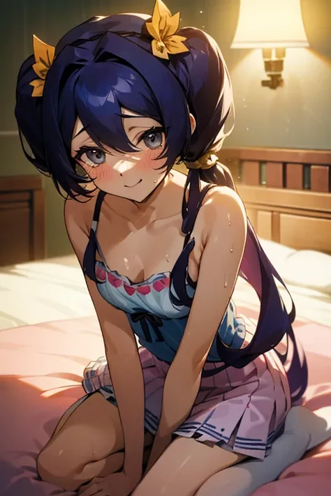 {best quality:1.5}, {very aesthetic:1.5},(bright:1.6),lan faniel,hair accessories,hat,smile,ball hair accessories, Long hair, twintail, hair ornament, sitting, Cleavage visible, Camisole dress,bed,,jitome, wet eyes