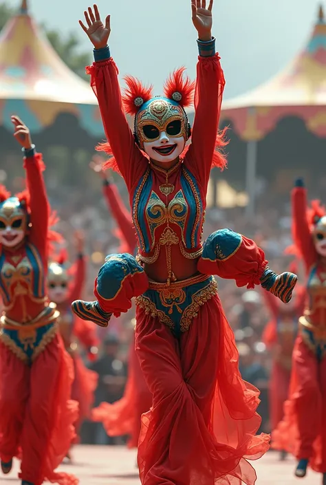 Chinese Acrobatic Troupe Mask、Striped jumpsuit、Chinese dress-like outfit、twins、((clown))（（Circus））