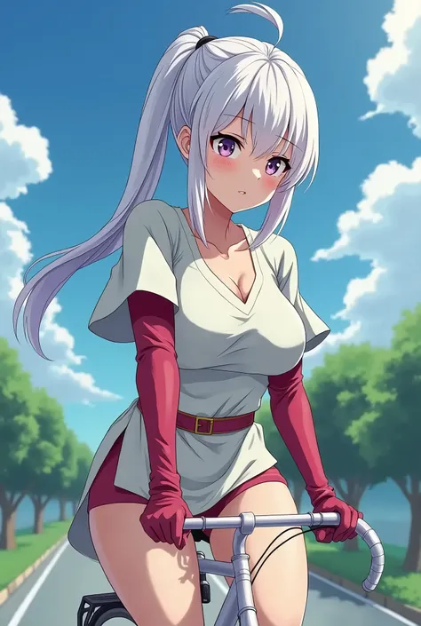 HD、Animation style、white hair 、Purple Eyes、girl、plump breasts 、High school student 、single ponytail、Baseball player、Light color short sleeve top、Long sleeve red underwear、Good shape、Thin、sash、Sky、cloud、sunny、Cycling、Navel exposed、dazzler、Breasts exposed、ni...