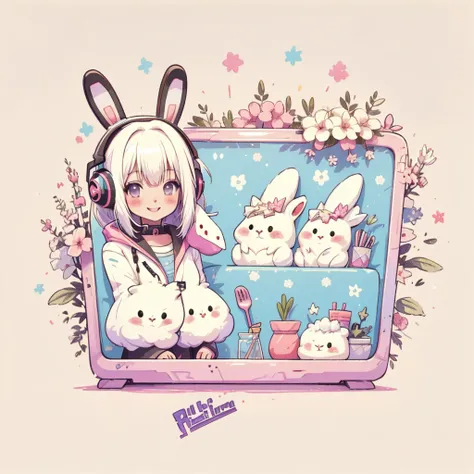 wonderful, Full Body Shot, Vibrant colors, Anime white hair girl with sci-fi headphones,Wearing rabbit ears, Cyberpunk Outfit, AR Vision, The best smile , Cute art style, Anime Style 4k, Cute stuffed rabbit