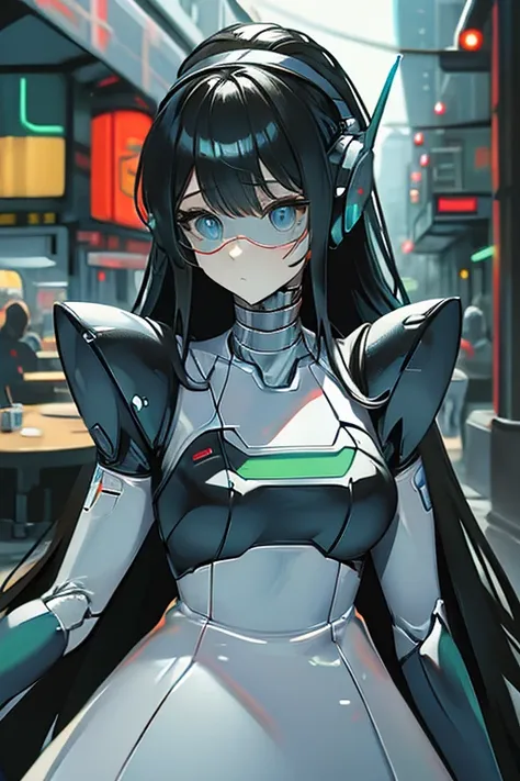 (masterpiece),(Best quality),(Very detailed),(Best illustration),(The best shadow),(Its absurd),(Detailed background),(So beautiful), 16k, 8k, 4K,(The best shadow),Robotization,female ,big breasts,Robot Joint ,Metal skin,Black robot suit,Long hair,Black su...