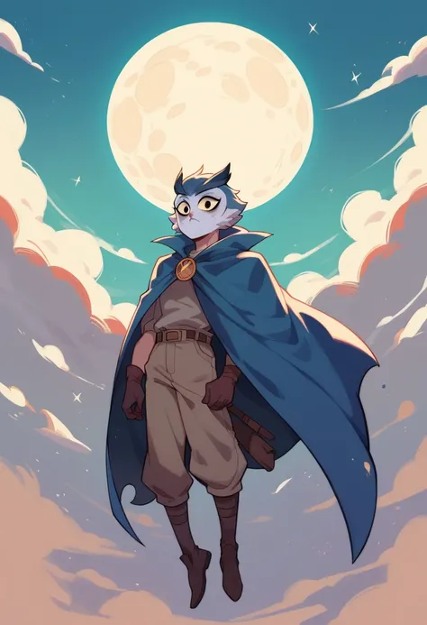 Humanoid creature, owl head, wearing a blue cape, looking at the sky, full moon