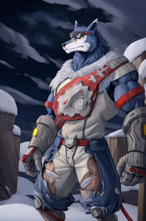 tall_lanky_muscular_mature_wolf male furry_body yellow_eyes very_fluffy misty_breath snowy_forest starry_sky solo masterpiece be...