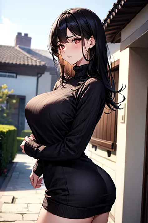 woman, black hair, brown eyes, shy look, smooth white skin, soft features, sweater, short preto, big breasts, big ass, hand on chest, Standing, in front of a house