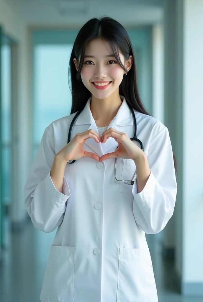 photorealistic, photograph, medium shot, standing, smiling beautiful japanese female doctor making cheek_heart, slim hourglass f...