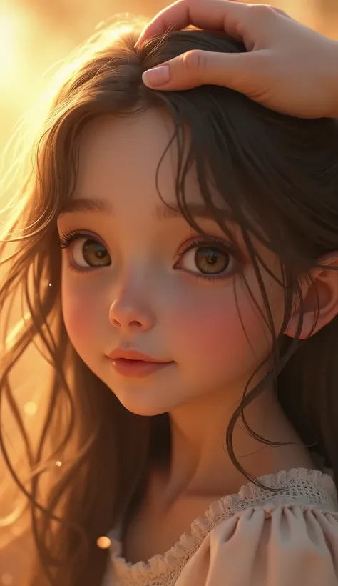 a cute young girl with long hair being gently petted on the head, beautiful detailed eyes, beautiful detailed lips, extremely detailed eyes and face, long eyelashes, serene happy expression, soft natural lighting, intricate detailing, warm color palette, c...