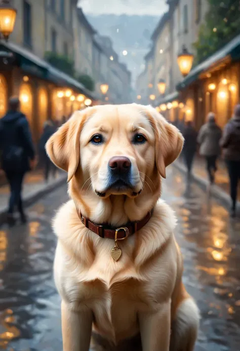 A cute Labrador greets the viewer, Pierre＝Art by Auguste Renoir and Jeremy Mann, (Viewpoint angle:1.2), Realistic, Ray Tracing, Beautiful lighting,masterpiece,National Geographic,Emphasis on realism,Blurred Background