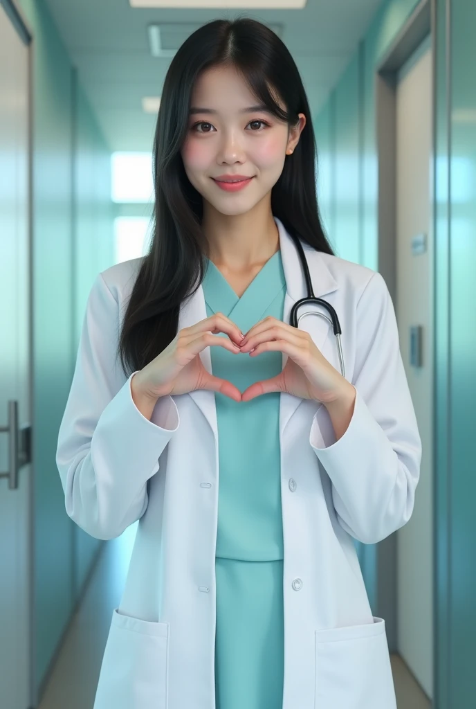 photorealistic, photograph, medium shot, standing, smiling beautiful japanese female doctor making cheek_heart, slim hourglass f...