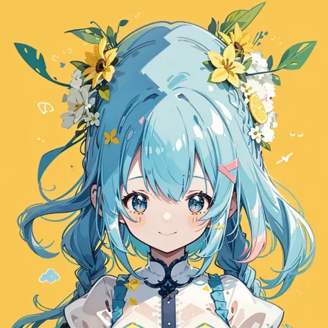 Transparent watercolor、girl、Jewel Eyes、Beautiful layout and motif、The depth of the boundary is described、Flat avatar, 1girl, smile, Light pink hair((Left and right braids、Wavy Hair)), For hair、Yellow object、White tips, Fashionable clothes design((Blue and ...