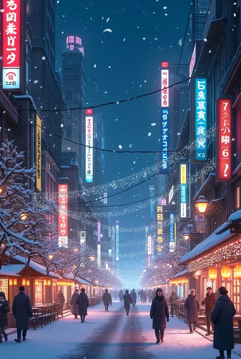 Japanese city at night snowing and looking colorful