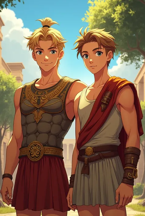 **"Depict Achilles and Patroclus as young Greek heroes in anime style, with Achilles being 20 years old and Patroclus 17. Both are athletic but not overly muscular, showcasing a balanced physique that highlights their strength and agility. Achilles has sho...