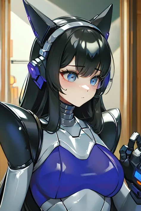 (masterpiece),(Best quality),(Very detailed),(Best illustration),(The best shadow),(Its absurd),(Detailed background),(So beautiful), 16k, 8k, 4K,(The best shadow),Robotization,female ,big breasts,Robot Joint ,Metal skin,Black robot suit,Long hair,Black su...