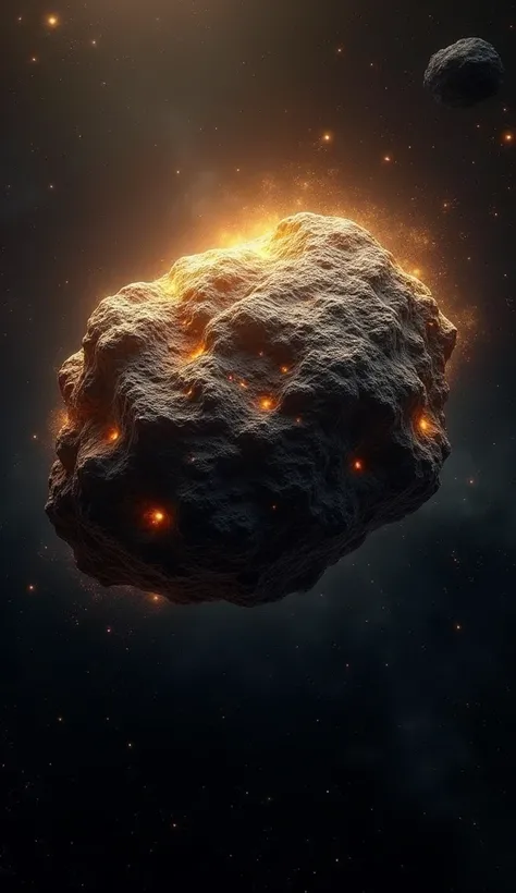 Visualize an asteroid floating majestically in the vastness of space. The asteroid should have a rugged, rocky texture, with patches of metallic surface glinting in the light. Surround it with a faint, shimmering gold aura, suggesting the immense wealth it...