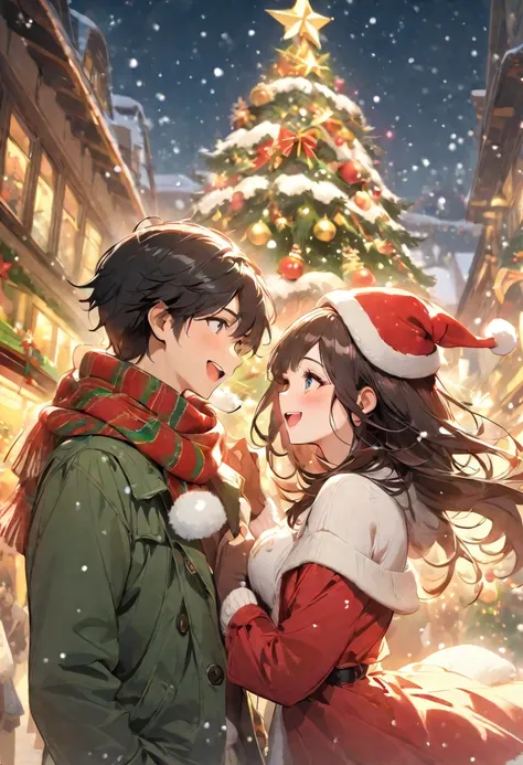 （masterpiece、high quality、High resolution、detailed、８k)、A Japanese couple in their 20s（Beautiful young man and beautiful woman、Beautiful eyes、Smooth Hair）、At the glittering Christmas market、Two people sideways、While staring at each other、Make eye contact、La...