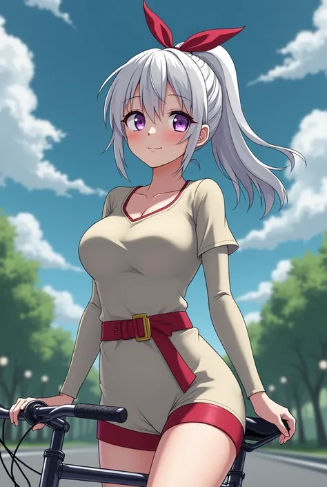 HD、Animation style、white hair 、Purple Eyes、girl、plump breasts 、High school student 、single ponytail、Baseball player、Light color short sleeve top、Long sleeve red underwear、Good shape、Thin、sash、Sky、cloud、sunny、Cycling、Navel exposed、dazzler、Breasts exposed、ni...