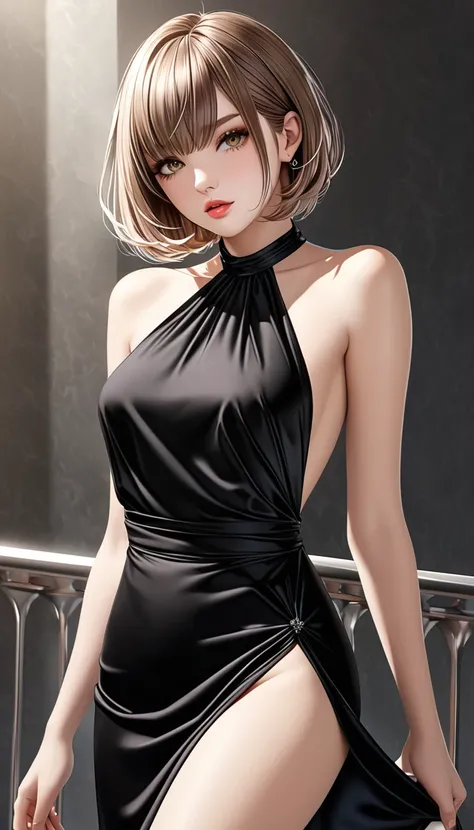 cool beauty, light brown glossy silky bob cut, make up, amorous and lewd expression, captivating eyes, BREAK wearing black satin halter neck dress with open back, perfect proportions, BREAK delicate and dynamic textures, contrasts of light and shadow, 2.5D...