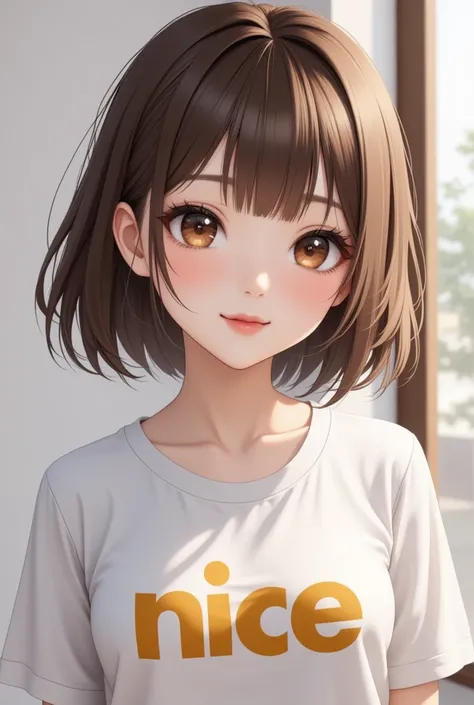 One girl, [Short bangs, Printed text on shirt" Nice,"