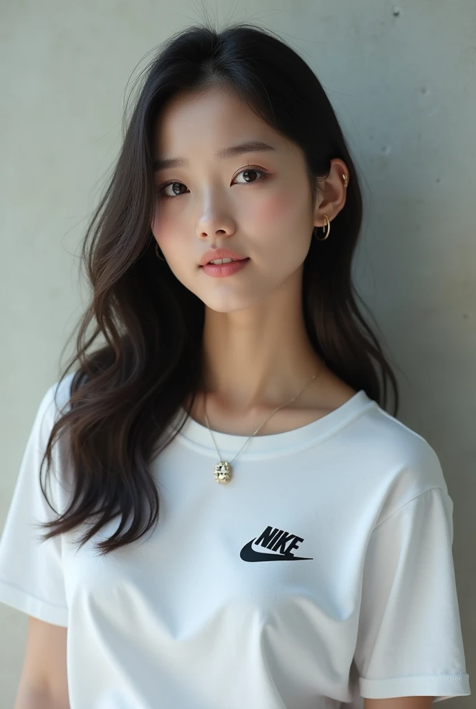 Japanese woman wearing a Nike T-shirt and a necklace
