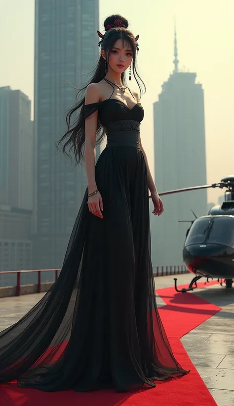 Roof of high-rise building,Park helicopter,Red carpet,Chinese goddess,forehead pattern,Long hair with flowing bangs,earrings,Big breasts,Chinese black cheongsam,